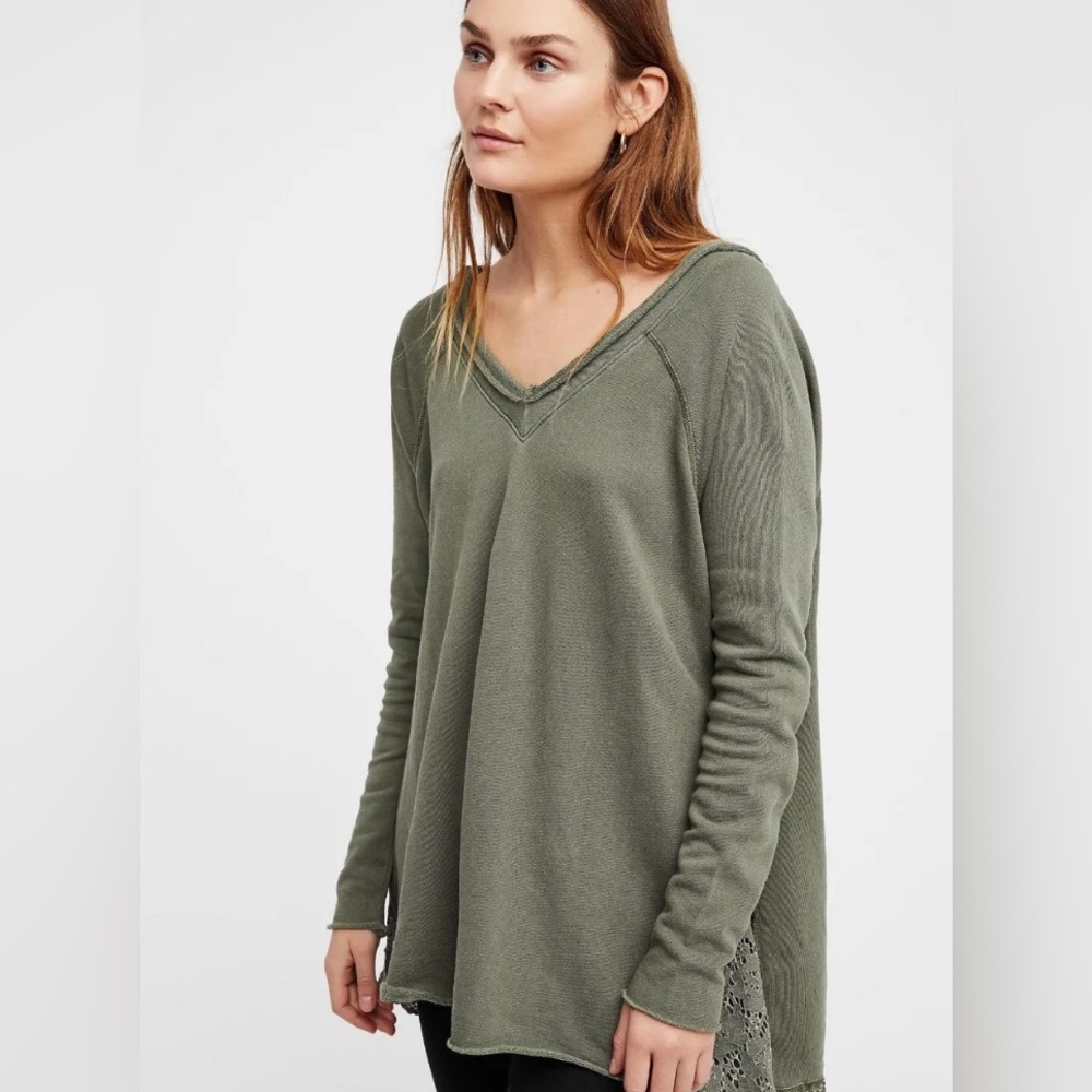 Free People No Frills Lace Inset V-Neck Pullover Sweatshirt - Picture 3 of 5